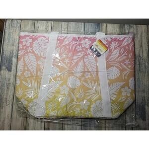 solar x Ombre Palm Cooler Tote With Leaves And Flowers Pink And Yellow Colors